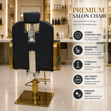 Luxury Hydraulic Salon Styling Chair with Gold Metal Armrests & Square Base | She Cosmetics®
