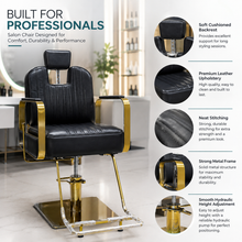 Luxury Hydraulic Salon Styling Chair with Gold Metal Armrests & Square Base | She Cosmetics®