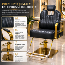 Luxury Hydraulic Salon Styling Chair with Gold Metal Armrests & Square Base | She Cosmetics®