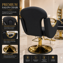 Premium Hydraulic Salon Styling Chair with Gold Armrests, Heavy Duty Base & Ergonomic PU Leather Hairdresser Chair | She Cosmetics®