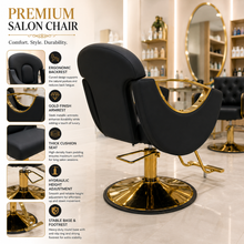 Premium Hydraulic Salon Styling Chair with Gold Armrests, Heavy Duty Base & Ergonomic PU Leather Hairdresser Chair | She Cosmetics®