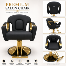 Premium Hydraulic Salon Styling Chair with Gold Armrests, Heavy Duty Base & Ergonomic PU Leather Hairdresser Chair | She Cosmetics®
