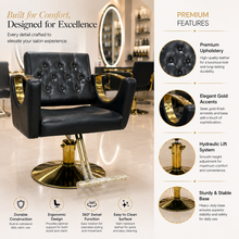 Luxury Tufted Salon Styling Chair with Gold Armrests | Hydraulic Barber & Beauty Chair | She Cosmetics®