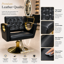 Luxury Tufted Salon Styling Chair with Gold Armrests | Hydraulic Barber & Beauty Chair | She Cosmetics®