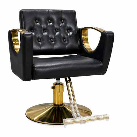 Luxury Tufted Salon Styling Chair with Gold Armrests | Hydraulic Barber & Beauty Chair | She Cosmetics®