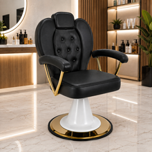 Luxury Hydraulic Barber Salon Chair with Gold Frame & Footrest – Professional Styling Chair – She Cosmetics®