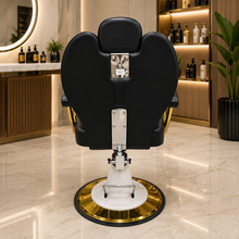 Luxury Hydraulic Barber Salon Chair with Gold Frame & Footrest – Professional Styling Chair – She Cosmetics®