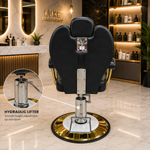 Luxury Hydraulic Barber Salon Chair with Gold Frame & Footrest – Professional Styling Chair – She Cosmetics®