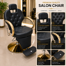 Professional Reclining Hydraulic Barber Salon Chair with Adjustable Headrest & Gold Armrests | She Cosmetics®