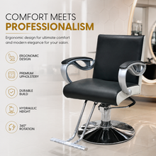 Professional Hydraulic Salon Styling Chair with Curved Chrome Armrests, Heavy-Duty Round Base & Footrest Black | She Cosmetics®