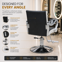 Professional Hydraulic Salon Styling Chair with Curved Chrome Armrests, Heavy-Duty Round Base & Footrest Black | She Cosmetics®