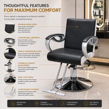 Professional Hydraulic Salon Styling Chair with Curved Chrome Armrests, Heavy-Duty Round Base & Footrest Black | She Cosmetics®