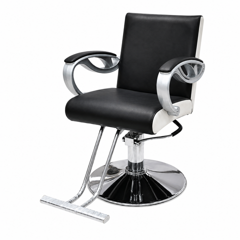 Professional Hydraulic Salon Styling Chair with Curved Chrome Armrests, Heavy-Duty Round Base & Footrest Black | She Cosmetics®
