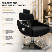 Professional Reclining Hydraulic Barber Chair with Adjustable Headrest, Premium PU Leather & Heavy-Duty Square Base | She Cosmetics®