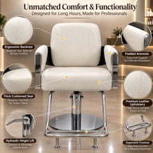 Premium White Hydraulic Salon Styling Chair with Chrome Armrests & Footrest for Beauty Salon | She Cosmetics®