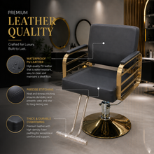 Luxury Gold Frame Hydraulic Salon Styling Chair with Premium PU Leather She Cosmetics®