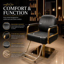 Luxury Gold Hydraulic Salon Styling Chair with Premium PU Leather, Ergonomic Backrest & Heavy-Duty Square Base | She Cosmetics®