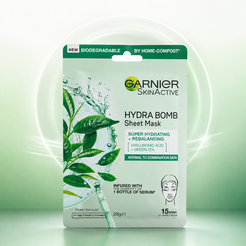 Garnier SkinActive Hydra Bomb Super Hydrating + Rebalancing Sheet Mask Green Tea & Hyaluronic Acid 28g She Cosmetics®