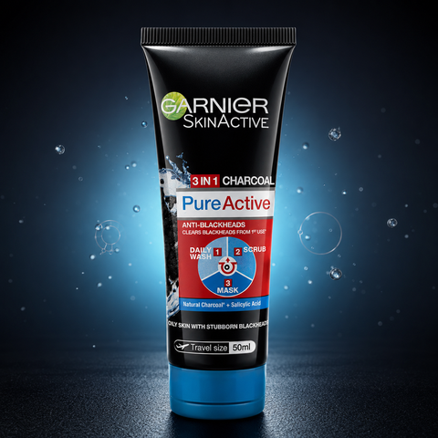 Garnier Skin Naturals Pure Active 3-in-1 Charcoal Face Wash, Scrub & Mask (50ml , 100ml , 150ml)