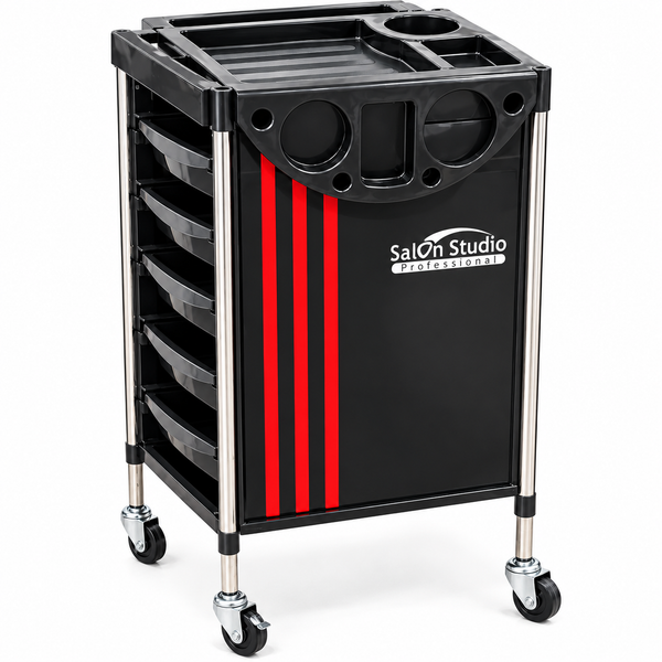 Professional Black and Red Salon Trolley with 5 Trays